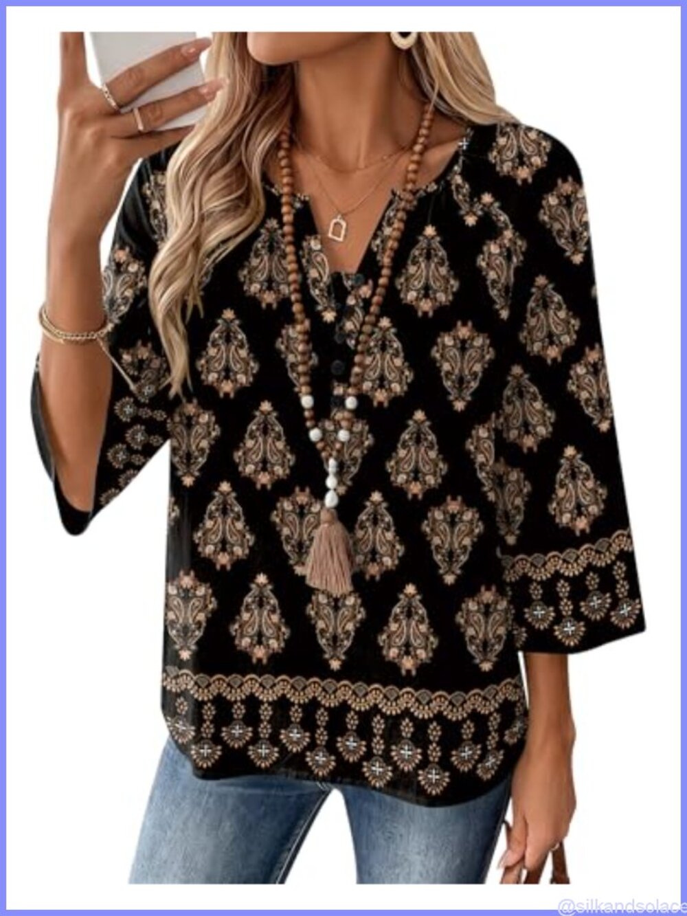 Womens 3/4 Sleeve V Neck Button Down Linen Blouse Casual Top